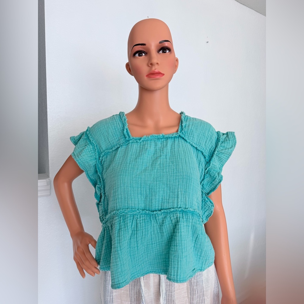 Teal Ruffle Sleeve Peplum Top